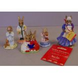 Five Royal Doulton Bunnykins figurines to include partners in collecting, mother, goodnight, bed