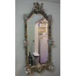 Dresden porcelian wall mirror with cherub and floral decoration, H100cm X W44cm approx