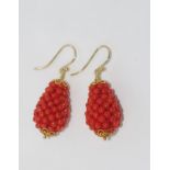 Red coral bead drop earrings with 9ct gold hooks