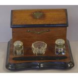 Antique desk tidy with glass ink wells & divided stationery box, W26cm, D19.5cm, H16cm approx.