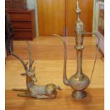 Large brass deer & middle eastern ewer 62cm & 102cm high