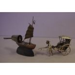 Chinese silver junk on a wooden stand 10 cm high, with a plated rickshaw