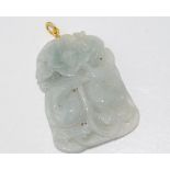Chinese carved jade pendant with ducks and flower with bale marked 750 (18ct), size: approx 5cm