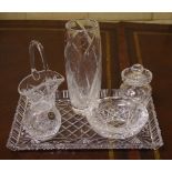 Six assorted cut crystal pieces including tray, vase etc