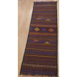 Tapestry hand woven striped Kilim rug in brown, orange and yellow tones, L226cm X W72cm approx