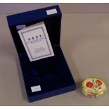 Halcyon days enamel "Poppy" trinket box in original box, W5.5cm approx
