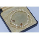 Boxed vintage graduated pearl necklace with 9ct clasp, size: approx 44cm length