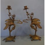 Pair of antique Japanese bronze candlesticks cranes on tortoises & lotus flowers, circa 1870, 41cm