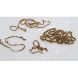 Three broken gold chains marked 9K or 9ct and a gold bracelet (clasp broken) marked 375, total