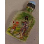 Chinese glass figural decorated snuff bottle with moonstone lid, H8cm approx
