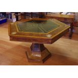 Antique style hexagon poker table with tooled gilt leather insert top and 2 drawers, 132cm x 132cm x