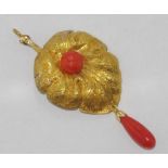 15ct leaf form gold & red coral drop pendant weight 8gms