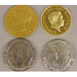 Four assorted medallions including replica 5 pound British coin & a Edward VIII medallion