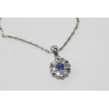 18ct white gold, diamond & sapphire daisy pendant comprising 0.17ct Ceylon sapphire and 6 diamonds