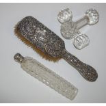 Sterling silver and crystal perfume bottle together with a sterling silver brush and a pair of
