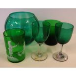Two Bristol green wine glass & Mary Gregory beaker together with green vase and beaker