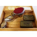 Vintage silver plate shoe pin cushion together with a vintage miniature perfume bottle in a purse