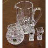 Waterford crystal "Lismore"water jug together with a Waterford crystal vase and frog, and a pair