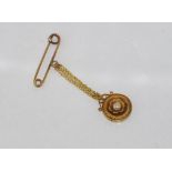 Victorian gold and pearl brooch tested as pin 14ct, chain 16ct and pendant 16-18ct, total weight: