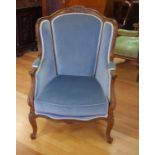 French rococo style wing back lounge chair with blue velvet upholstery, 71cm wide, 98cm high
