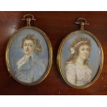 Pair of antique French handpainted miniatures depicting lady and a gentleman in double sided frames,