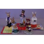 Five Royal Doulton Bunnykins figurines to include choir singer, vicar, master potter, horn piper,