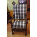 Edwardian walnut throne armchair with ornate scrolled carving, 71cm wide, 60cm deep, 144cm high