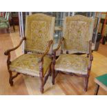 Pair of French rococo style throne chairs with scroll carving and tapestry upholstery, 65cm wide,