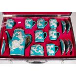 Vintage Chinese dragon overlay coffee set in original case, to include 6 coffee cups & saucers,
