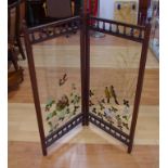 Victorian mahogany & glass folding firescreen with handpainted bird & floral decoration, 108cm