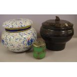 Chinese lidded pot together with a wooden lidded box & a teapot with monkey finial