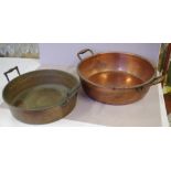 Two large vintage copper jam pans W53cm approx (widest)
