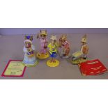 Five Royal Doulton Bunnykins figurines to include Easter parade, sightseer, tourist, gardener, and