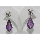 14ct white gold, amethyst & diamond drop earrings with clip and post fittings, weight: 9.2 grams,