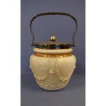 Fine Victorian Ford & Co porcelain biscuit barrel with raised decoration and gilded band, 22cm