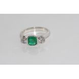 18ct white gold, Columbian emerald & diamond ring set with 0.72ct Columbian emerald and 2 diamonds