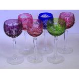Six Bohemian coloured cut crystal hock glasses