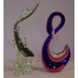 Two large art glass figurines one of a swan, the other a shark, H16.5cm approx (tallest)