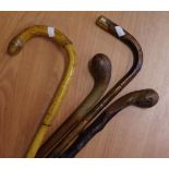 Vintage 9ct gold tipped handle walking cane together with 3 other vintage cane walking sticks