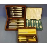 Silver plate & MOP fish set for six in timber case with brass fitting, together with a cased set