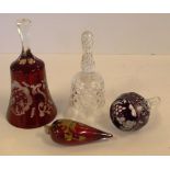 Ruby etched glass bell together with crystal bell, gilt and ruby glass stopper