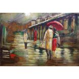 Artist unknown, street scene oil on 3D sheet metal, signed lower right, 80 x 120 cm