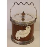 Walker and Hall biscuit barrel with silver plated fittings, oak outer and ceramic lining, 22cm high