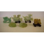 Six assorted Chinese green stone and glass figures comprising of a pair of birds 9cm wide, a pair of