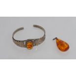 Sterling silver and amber bracelet and pendant