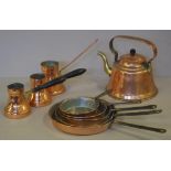 Eight assorted copper pans & a teapot