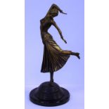 Art deco French style cast metal lady figure on round stone base, H54cm approx