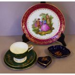 Limoges display plate, lidded trinket box and dish together with an Aynsley trio