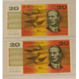 Two consecutive Australian Johnston/Fraser $20 notes, EPU540172 and EPU540173