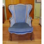 French Louis style wing back lounge chair with blue velvet upholstery, 70cm wide, 101cm high